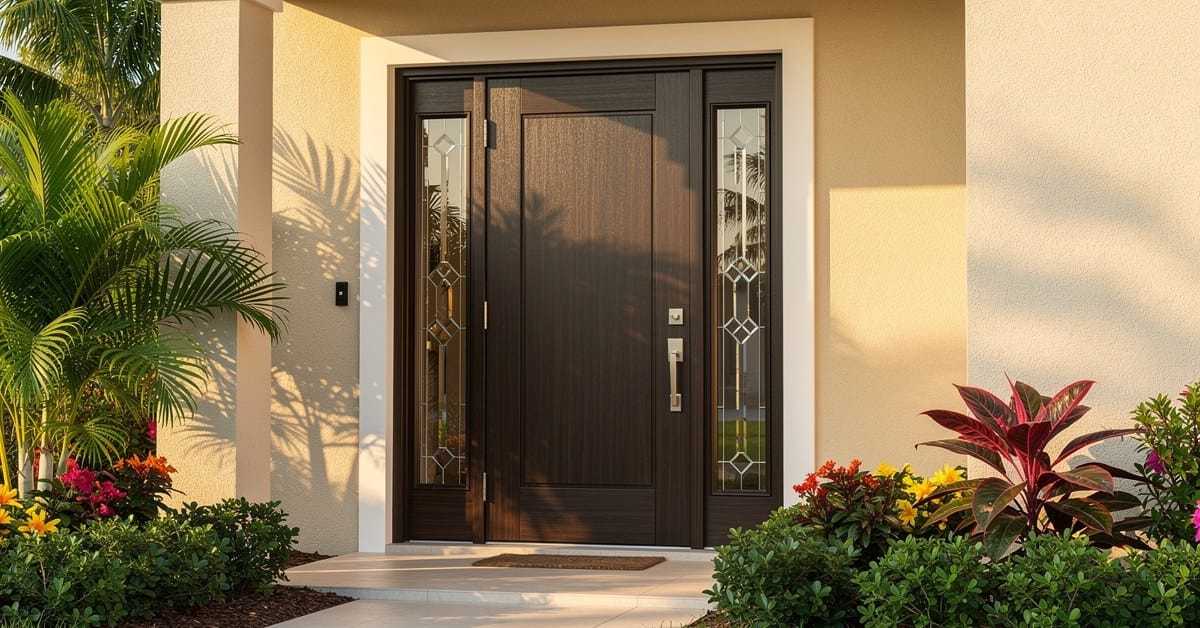 Dark brown front door with decorative glass side panels, surrounded by lush green and colorful plants.